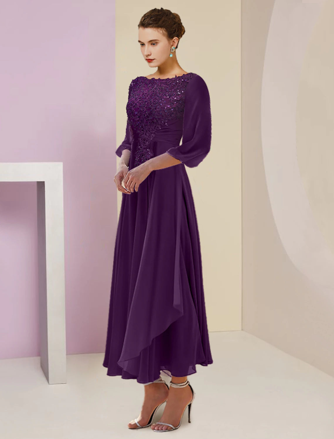 wholesale   A-Line Mother of the Bride Dress Formal Wedding Guest Elegant Scoop Neck Tea Length Chiffon Lace 3/4 Length Sleeve with Beading Sequin Appliques
