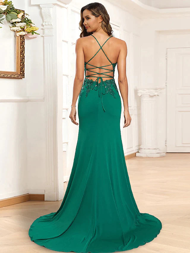 Wholesa Prom Dresses Floral Dress Formal Court Train Sleeveless Spaghetti Strap Stretch Satin with Sequin