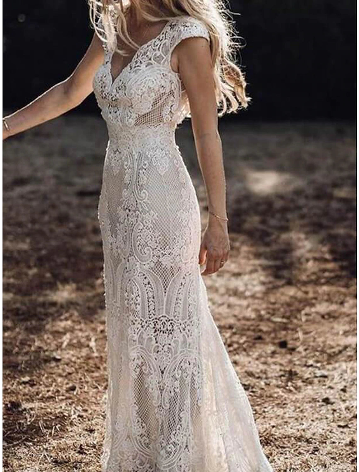 wholesale  Beach Boho Wedding Dresses Mermaid / Trumpet V Neck Cap Sleeve Court Train Lace Bridal Gowns With Appliques Solid Color