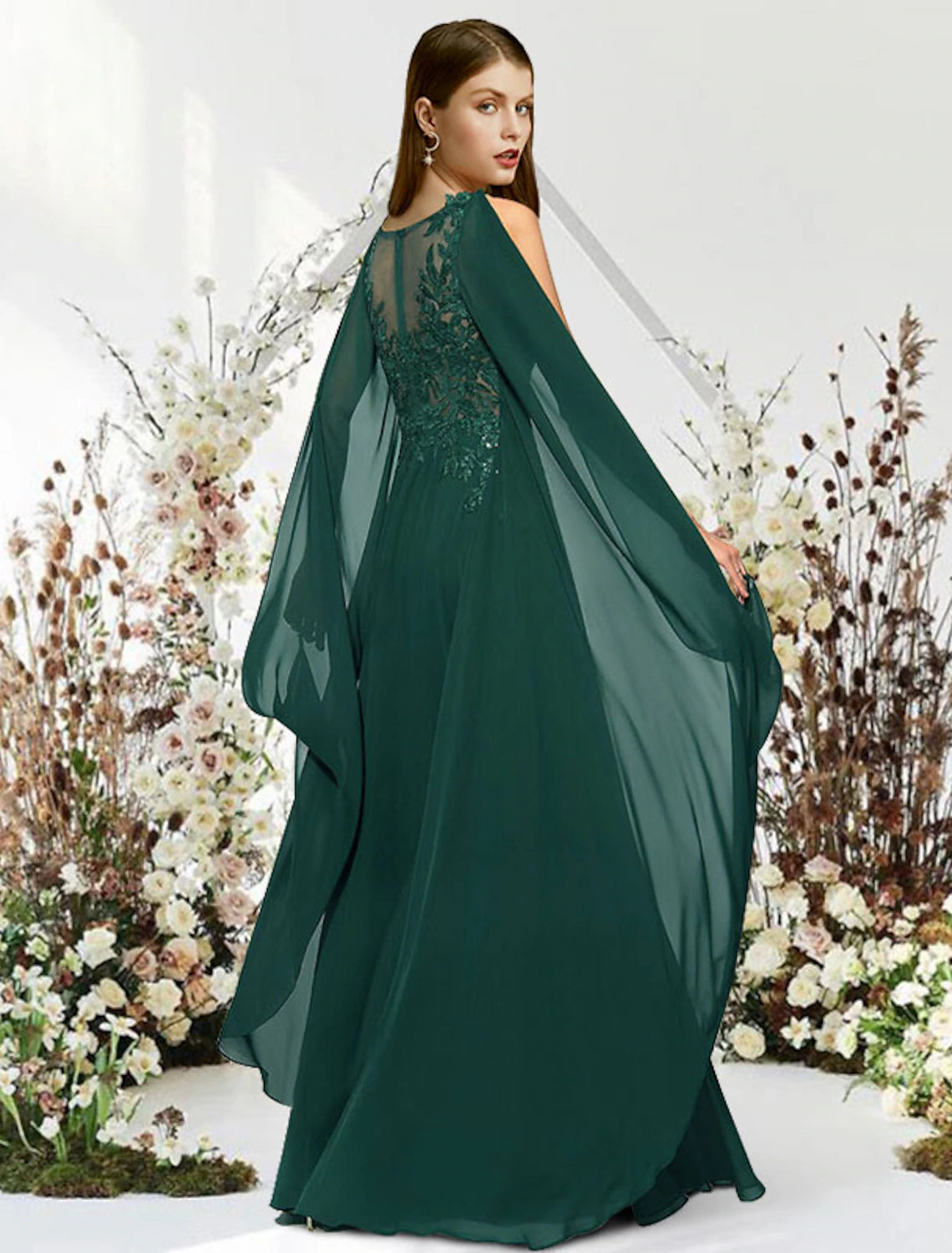 Wholesa A-Line Empire Elegant Engagement Formal Evening Dress V Neck Sleeveless Floor Length Chiffon with Sequin Appliques