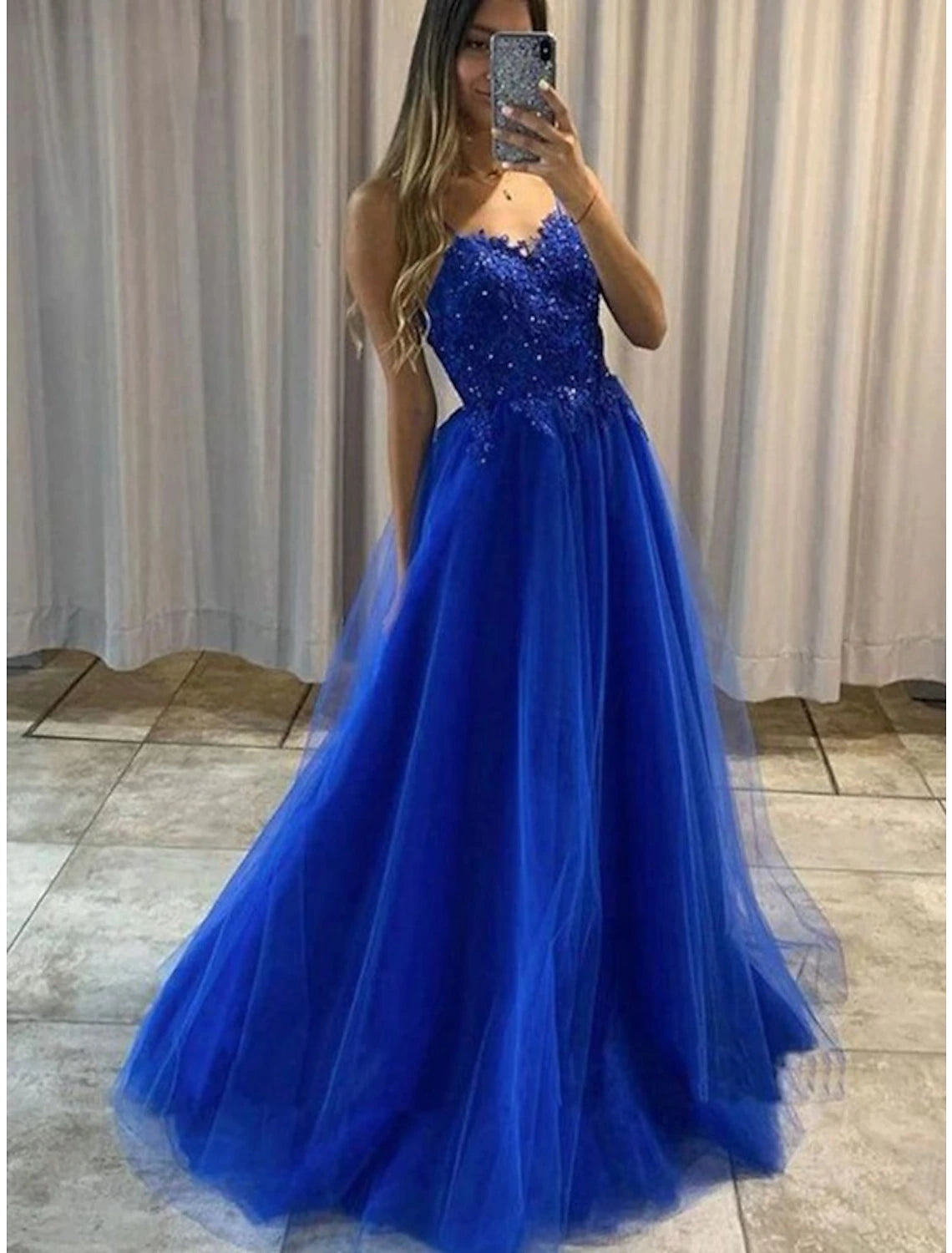 Wholesa A-Line Prom Dresses Princess Dress Formal Prom Floor Length Sleeveless Sweetheart Detachable Tulle Backless with Pleats Beading Appliques