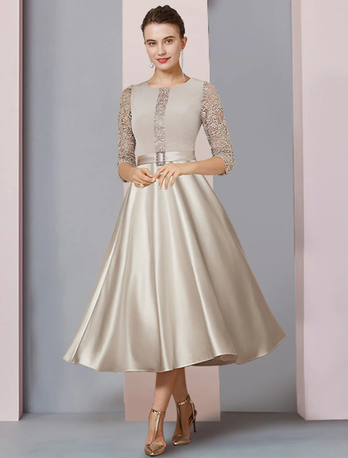 wholesale  A-Line Mother of the Bride Dress Formal Wedding Guest Party Elegant Scoop Neck Tea Length Satin Lace Half Sleeve with Crystal Brooch