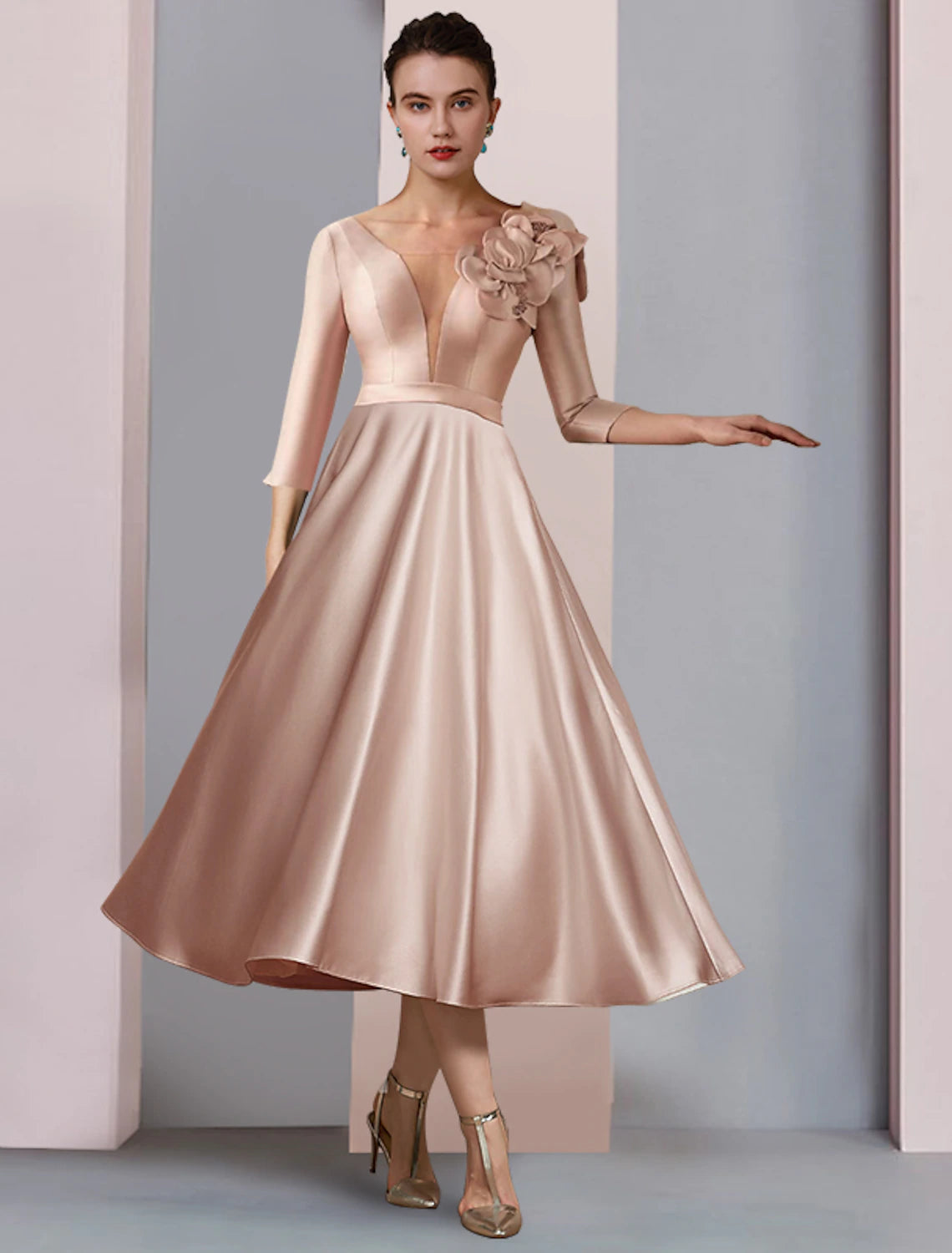 wholesale  A-Line Mother of the Bride Dress Formal Wedding Guest Party Elegant V Neck Tea Length Satin Lace Half Sleeve with Flower