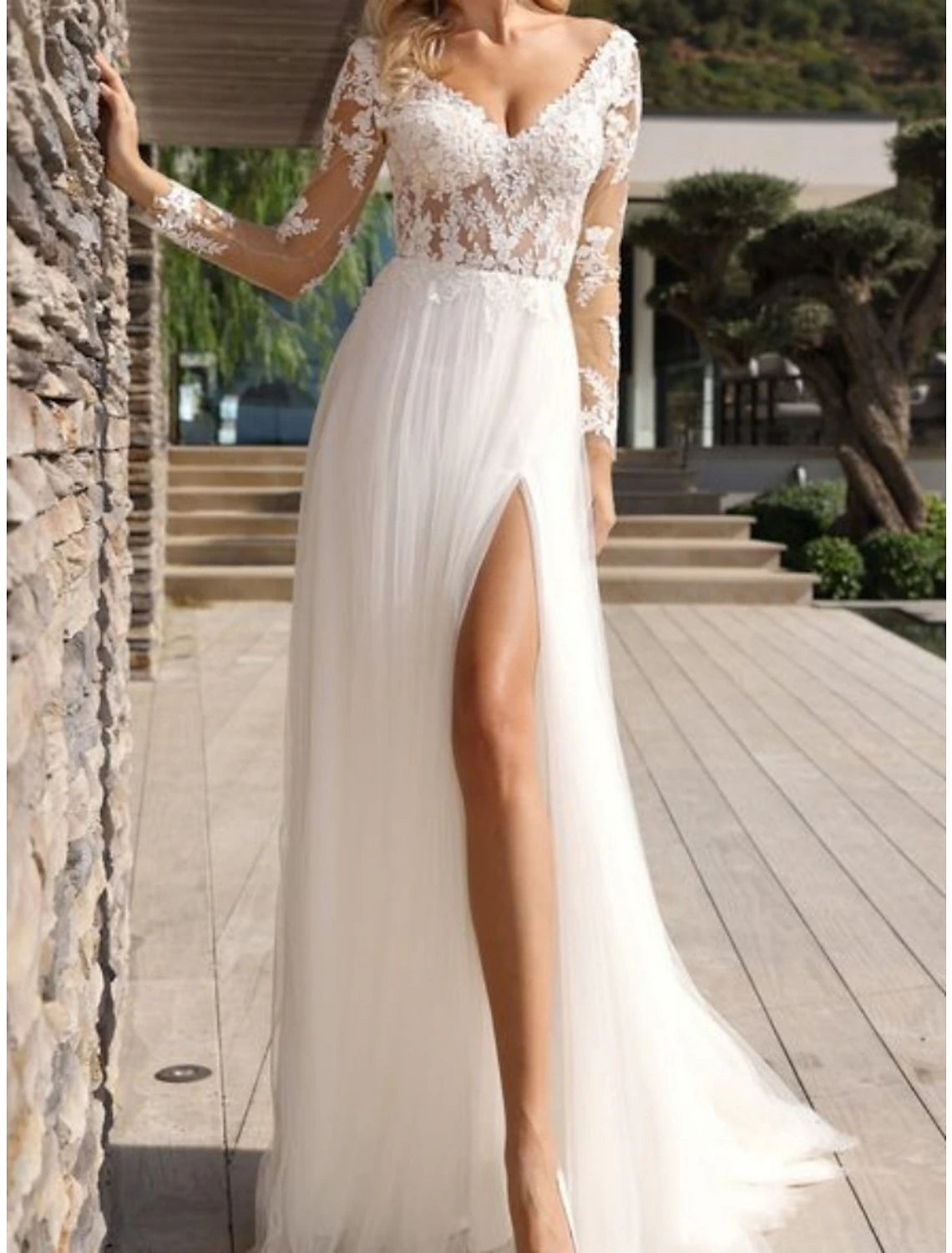 Wholesa Beach Formal Wedding Dresses A-Line V Neck Long Sleeve Sweep / Brush Train Lace Bridal Gowns With Pleats Split Front