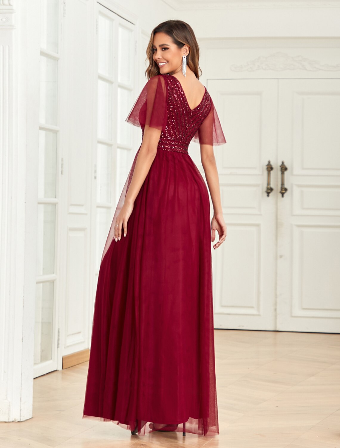 Wholesa A-Line Party Dresses Empire Dress Party Wear Wedding Party Floor Length Short Sleeve V Neck Tulle V Back with Glitter Sequin