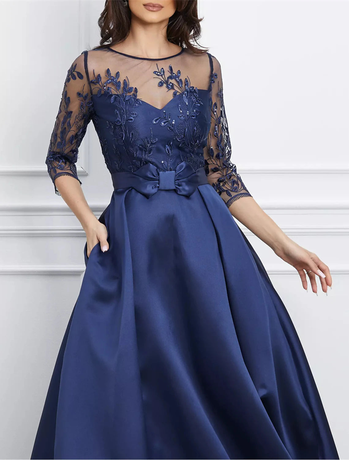 Wholesa A-Line Evening Gown Elegant Black Dress Plus Size Formal Wedding Asymmetrical High Low 3/4 Length Sleeve Jewel Neck Satin with Bow(s) Sequin Appliques