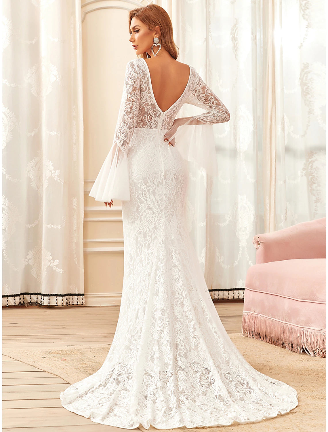 wholesale Reception Boho Wedding Dresses Mermaid / Trumpet Illusion Neck Long Sleeve Sweep / Brush Train Lace Bridal Gowns With Lace