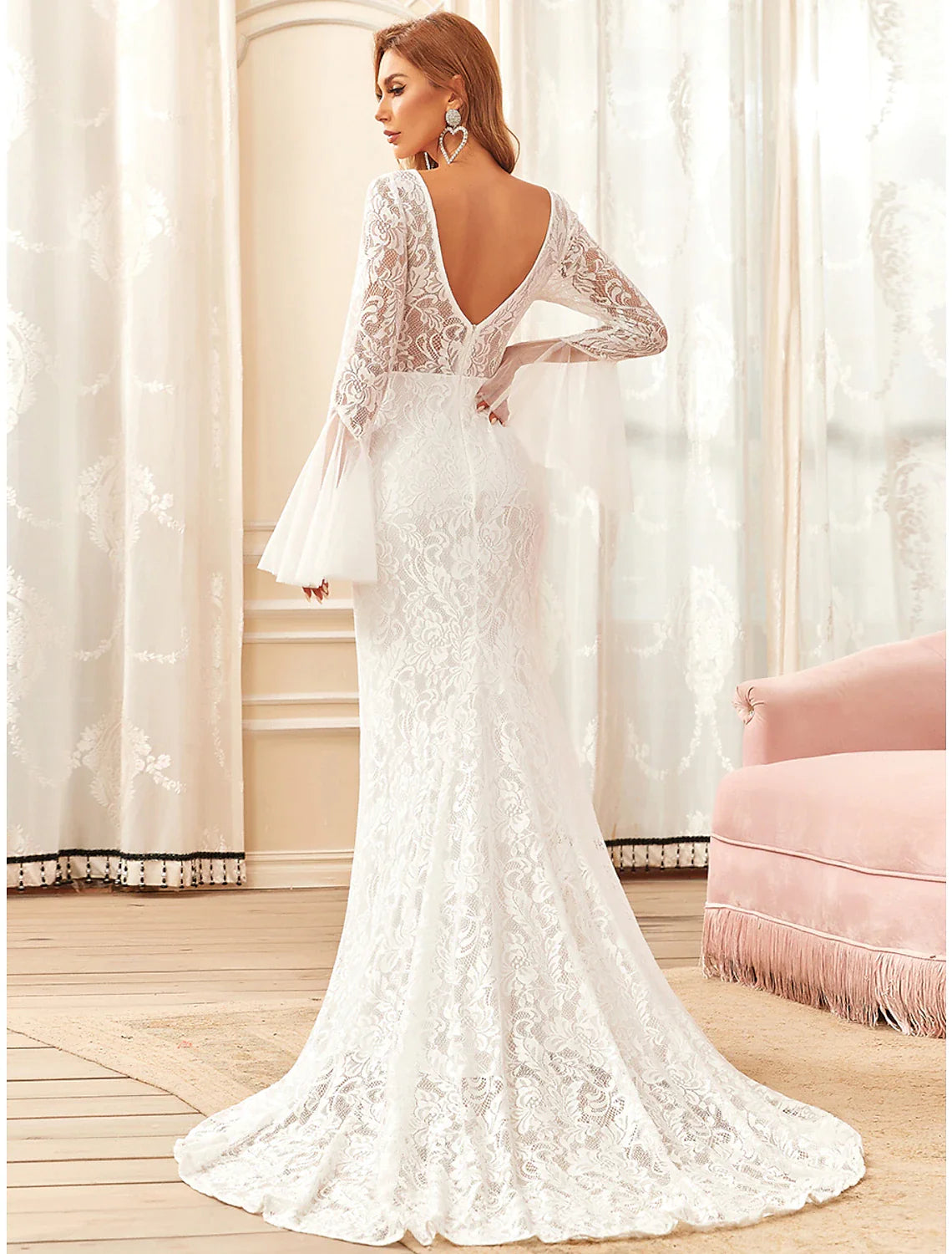 Wholesa Beach Boho Wedding Dresses Sweep / Brush Train Mermaid / Trumpet Long Sleeve Illusion Neck Lace With Lace
