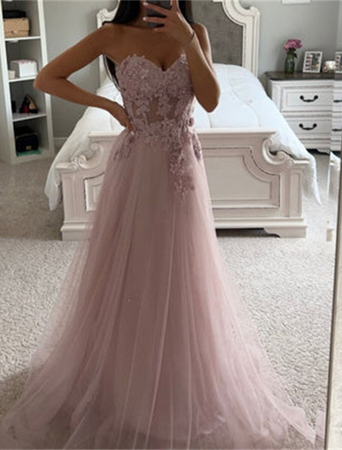 Wholesa A-Line Prom Dresses Corsets Dress Formal Evening Party Court Train Long Sleeve Strapless Tulle with Appliques