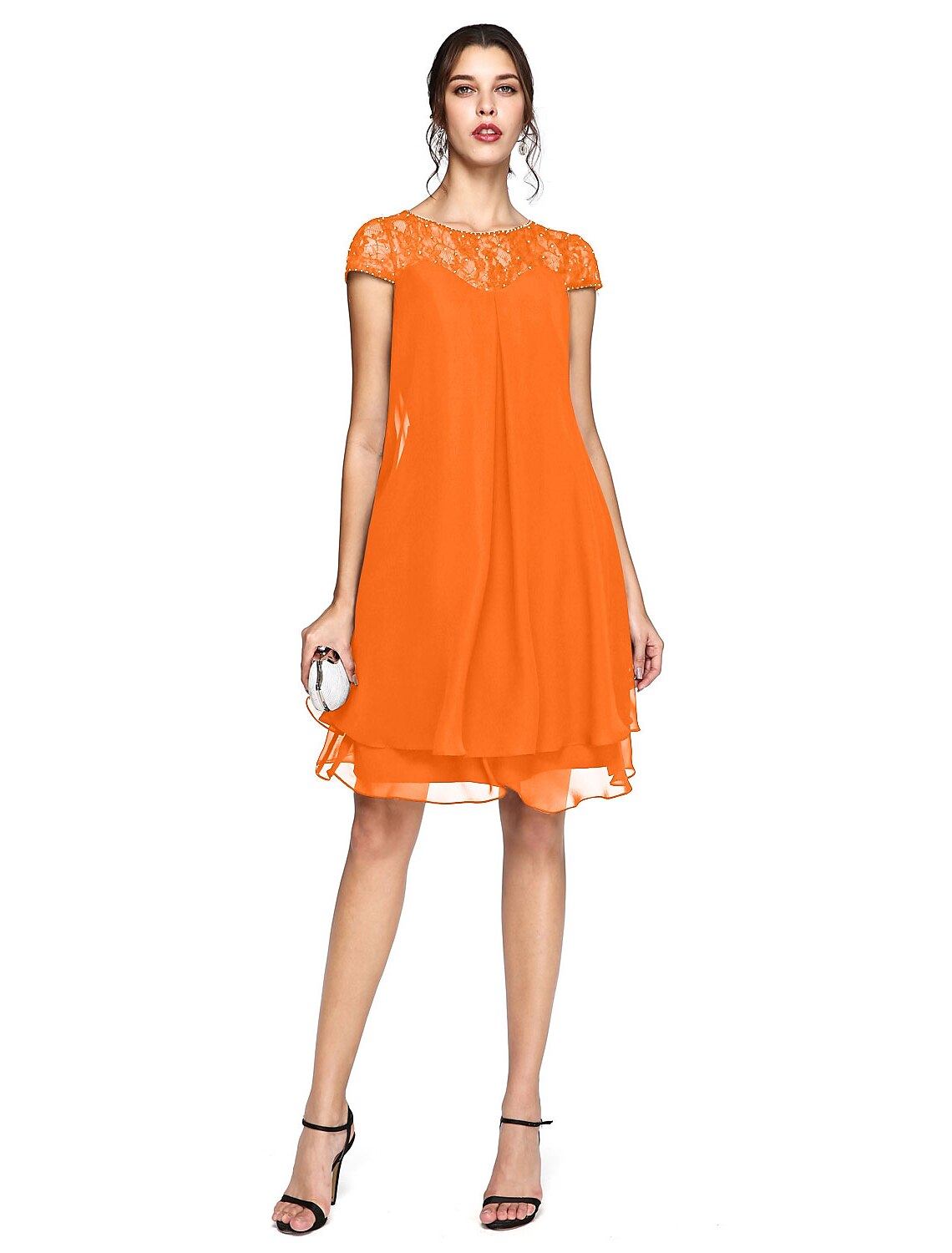 wholesale  A-Line Mother of the Bride Dress Plus Size Elegant Illusion Neck Knee Length Chiffon Lace Short Sleeve with Sequin