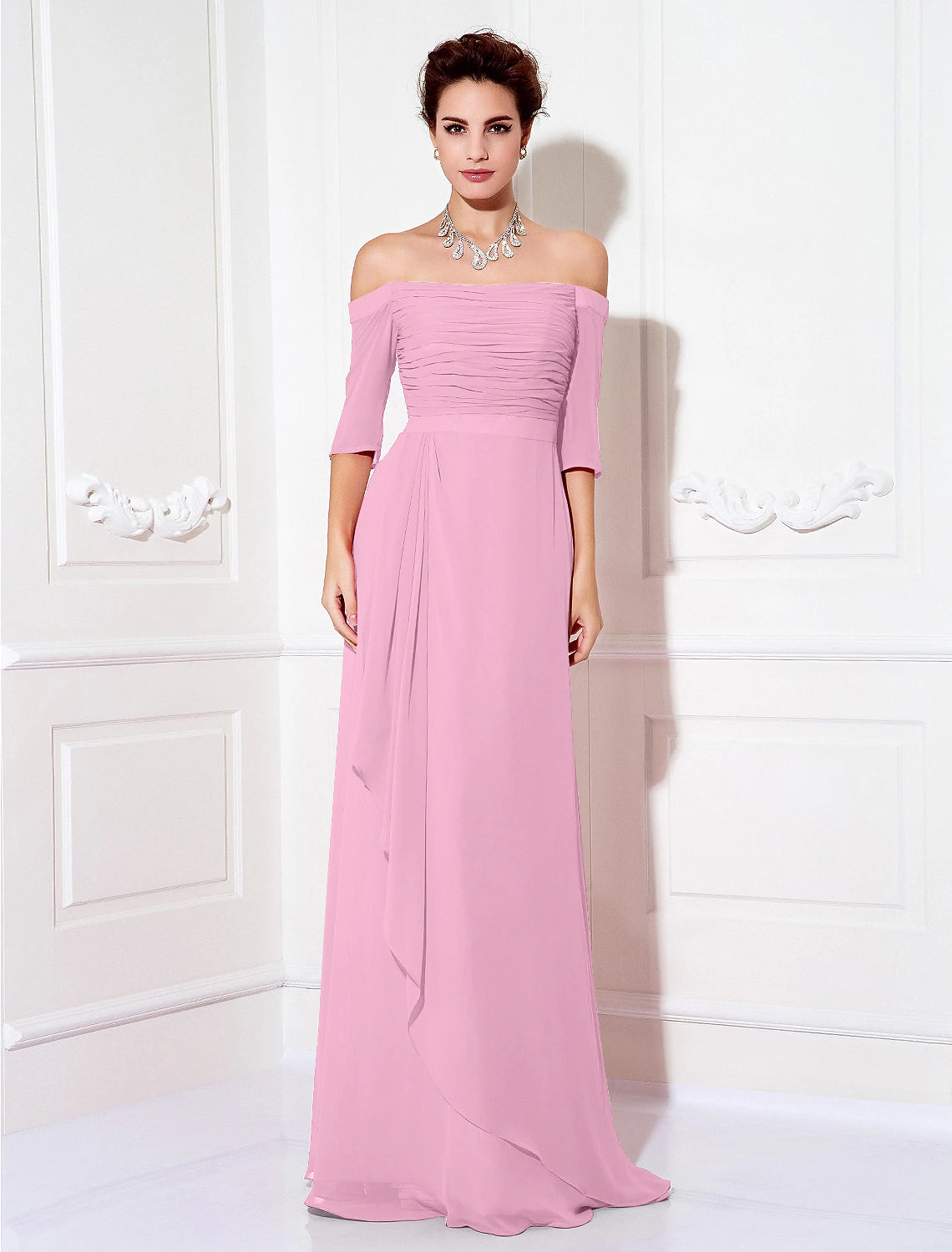 wholesa Sheath / Column Minimalist Dress Wedding Guest Formal Evening Sweep / Brush Train Half Sleeve Off Shoulder Bridesmaid Dress Chiffon with Ruched Draping