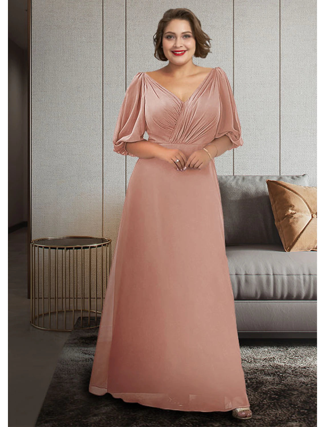 wholesale  A-Line Mother of the Bride Dress Plus Size Elegant V Neck Ankle Length Chiffon Half Sleeve with Ruching