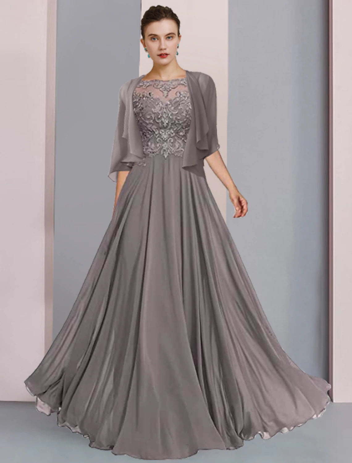 wholesale  A-Line Mother of the Bride Dress Formal Wedding Guest Elegant Scoop Neck Floor Length Chiffon Lace Half Sleeve Wrap Included with Pleats Beading Appliques