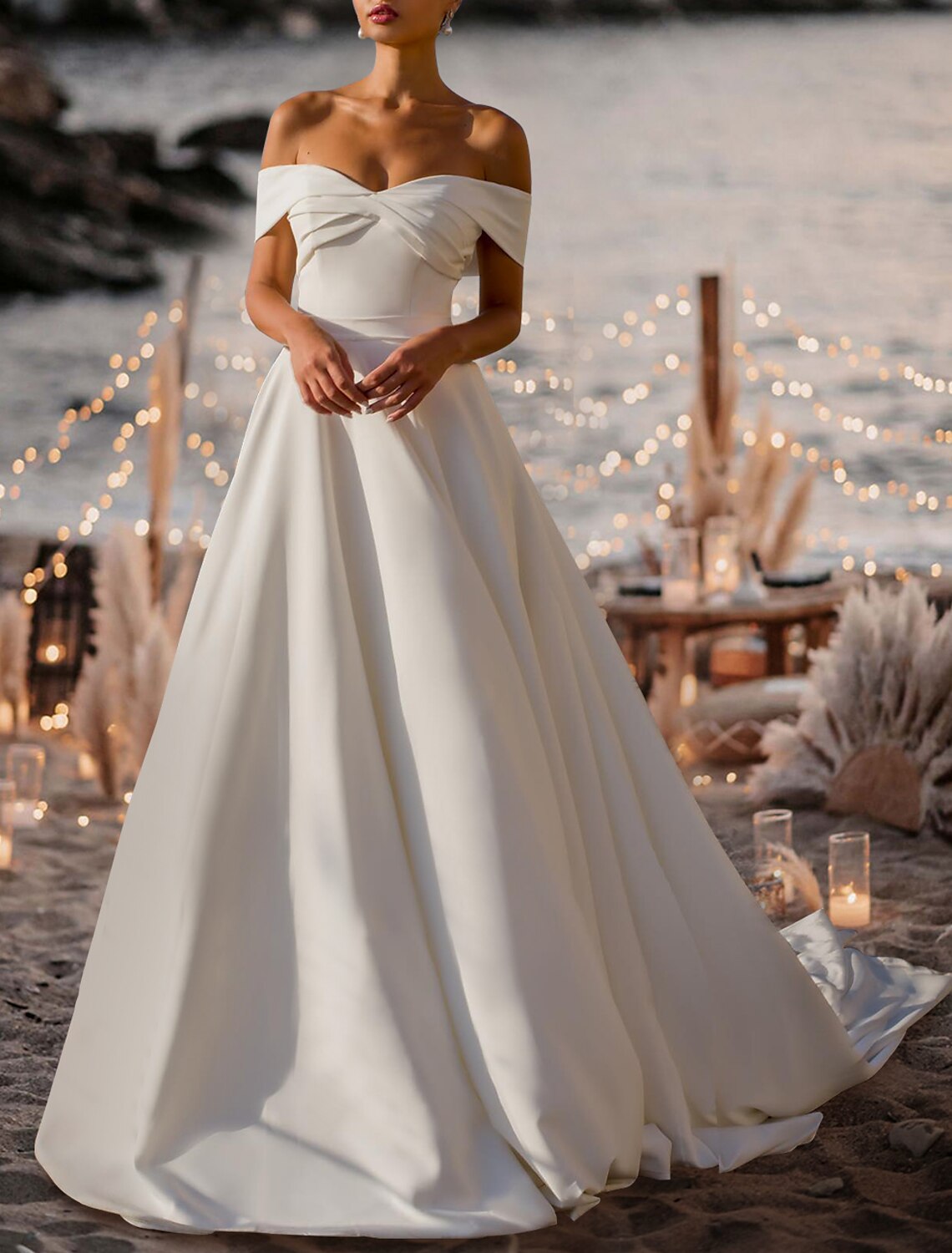 Wholesa Formal Wedding Dresses A-Line Off Shoulder Short Sleeve Court Train Satin Bridal Gowns With Pleats Ruched
