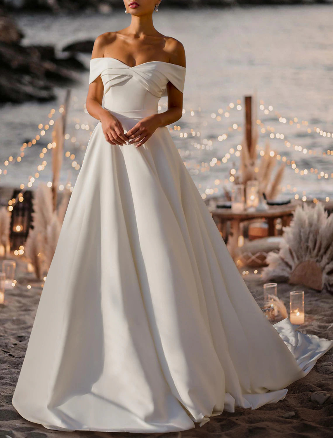 Wholesa Hall Formal Wedding Dresses A-Line Off Shoulder Short Sleeve Court Train Satin Bridal Gowns With Pleats Ruched