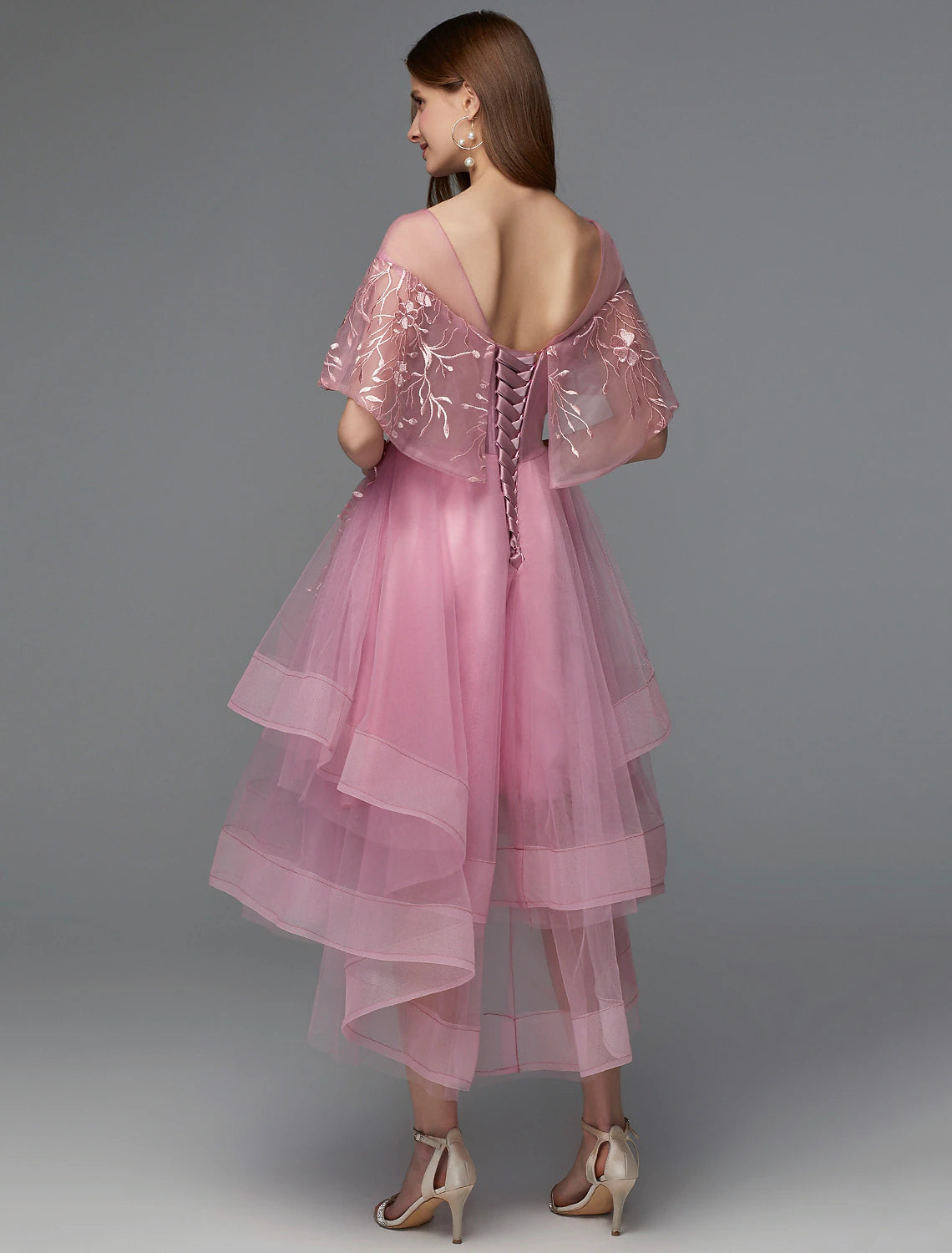 Wholesa A-Line Elegant Dress Holiday Wedding Guest Asymmetrical Sleeveless Illusion Neck Lace Tie Back with Lace Insert