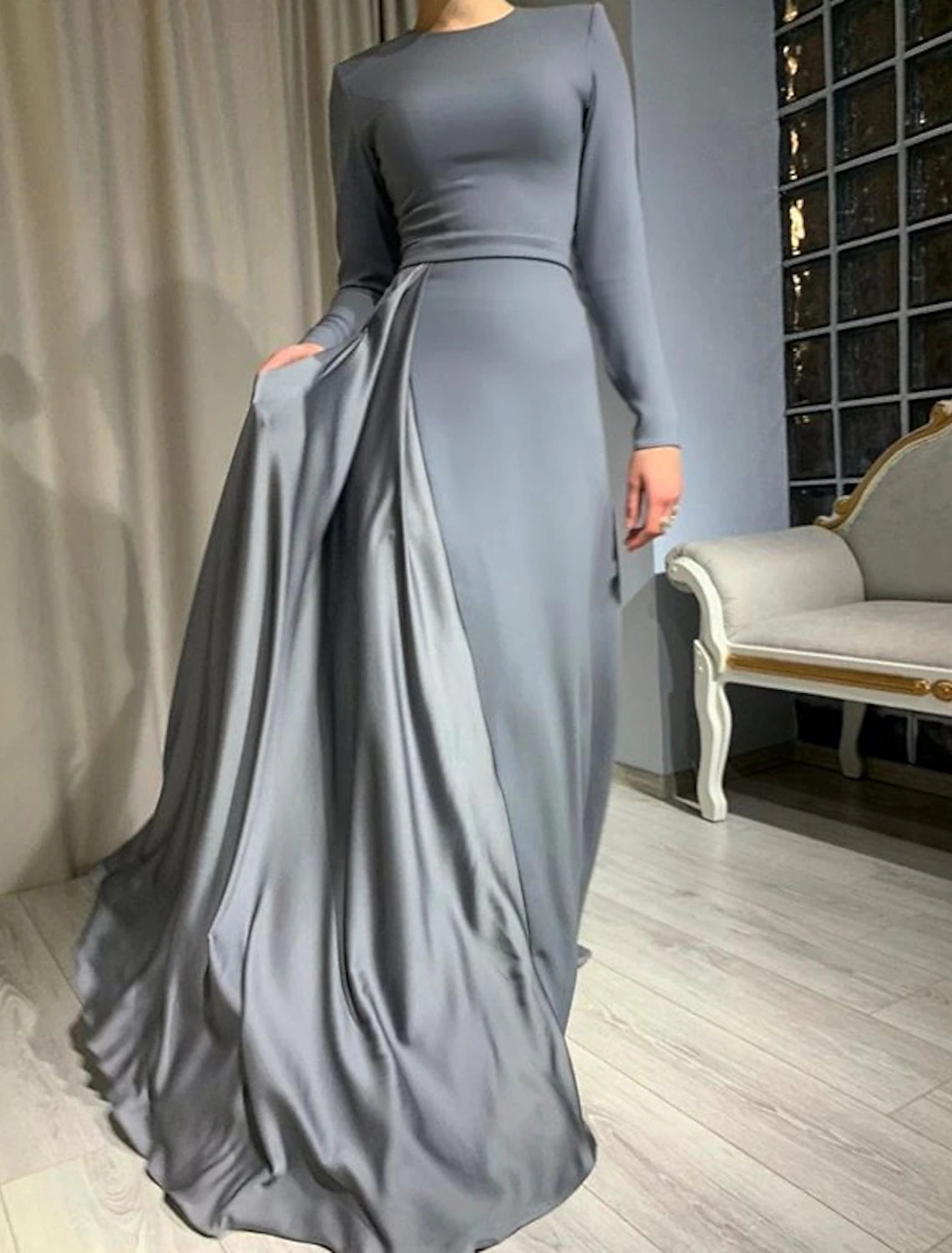 Wholesa Sheath Party Dress Evening Gown Minimalist Dress Wedding Guest Formal Evening Floor Length Long Sleeve Jewel Neck Satin with Pleats