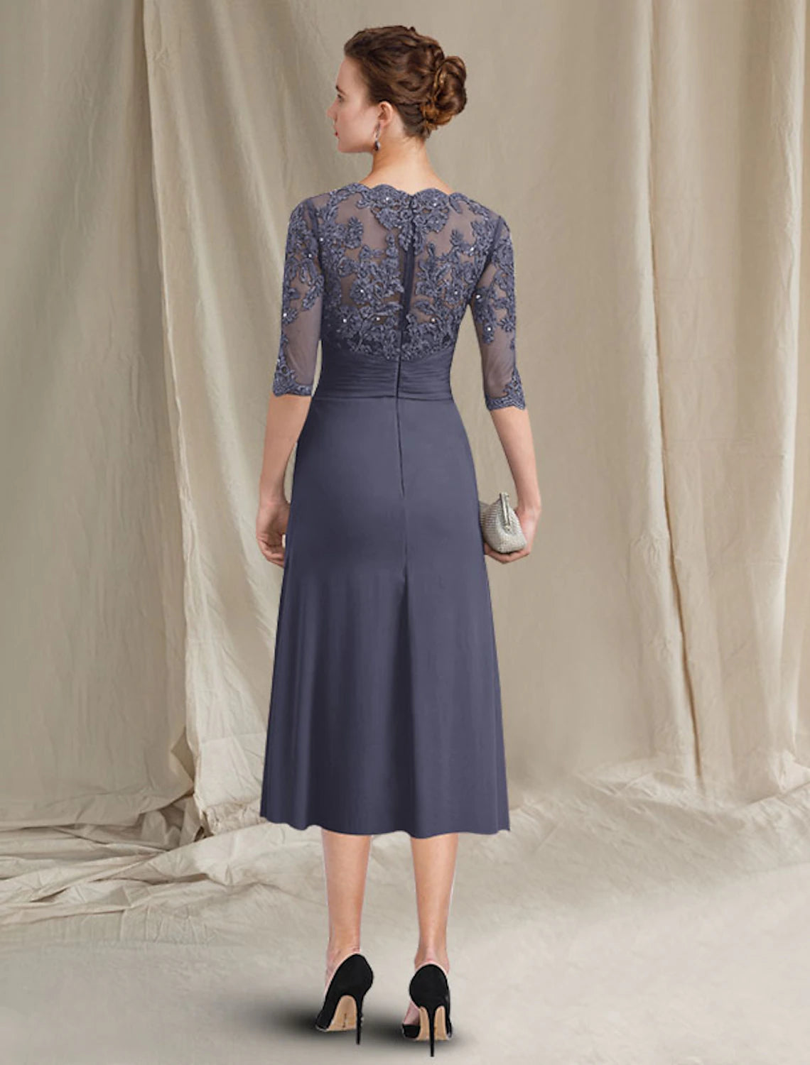 wholesale  Two Piece A-Line Mother of the Bride Dress Plus Size Elegant Jewel Neck Tea Length Chiffon Lace Half Sleeve Jacket Dresses with Crystals Appliques