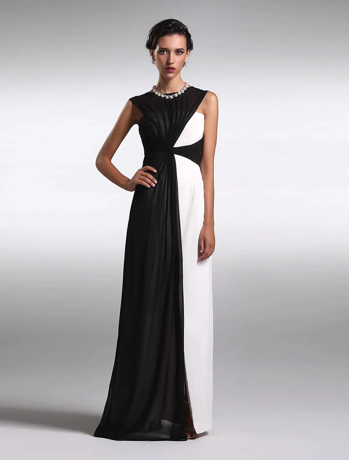 Wholesa Sheath / Column Little Black Prom Dress Wedding Guest Floor Length Sleeveless Jewel Neck Georgette V Back with Ruched