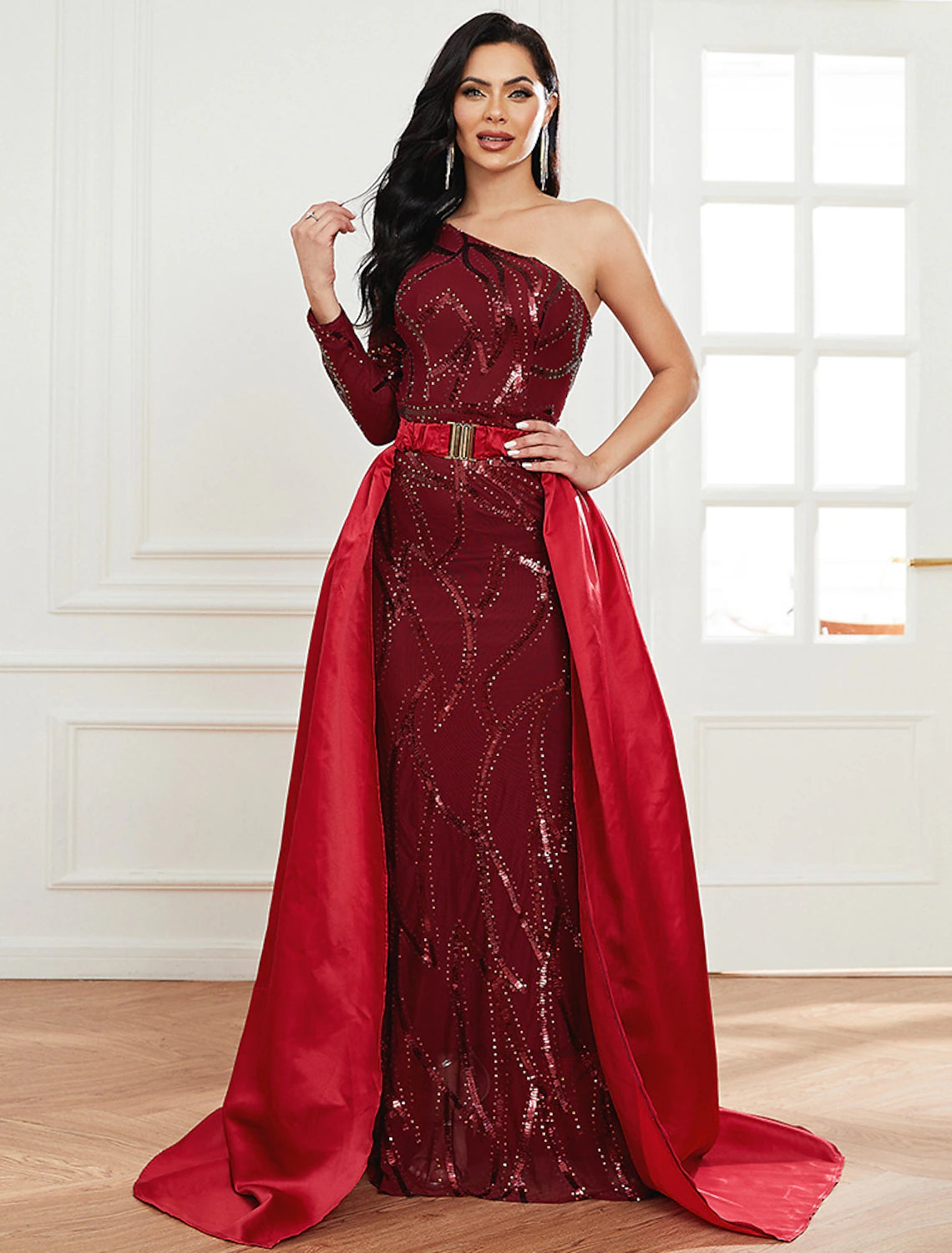 Wholesa Mermaid Black Dress Evening Gown Black Dress Vintage Formal Wedding Guest Court Train Long Sleeve One Shoulder Polyester with Sequin