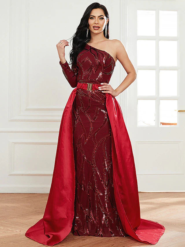 Wholesa Mermaid / Trumpet Evening Gown Sexy Dress Formal Court Train Long Sleeve One Shoulder Polyester with Sequin