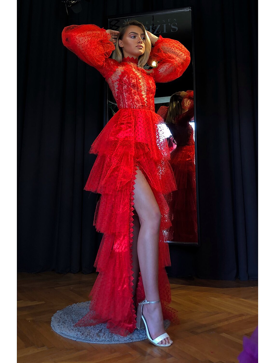 wholesale  Sheath / Column Empire Sexy High Split Party Wear Prom Valentine's Day Dress High Neck Long Sleeve Floor Length Lace with Slit Tier