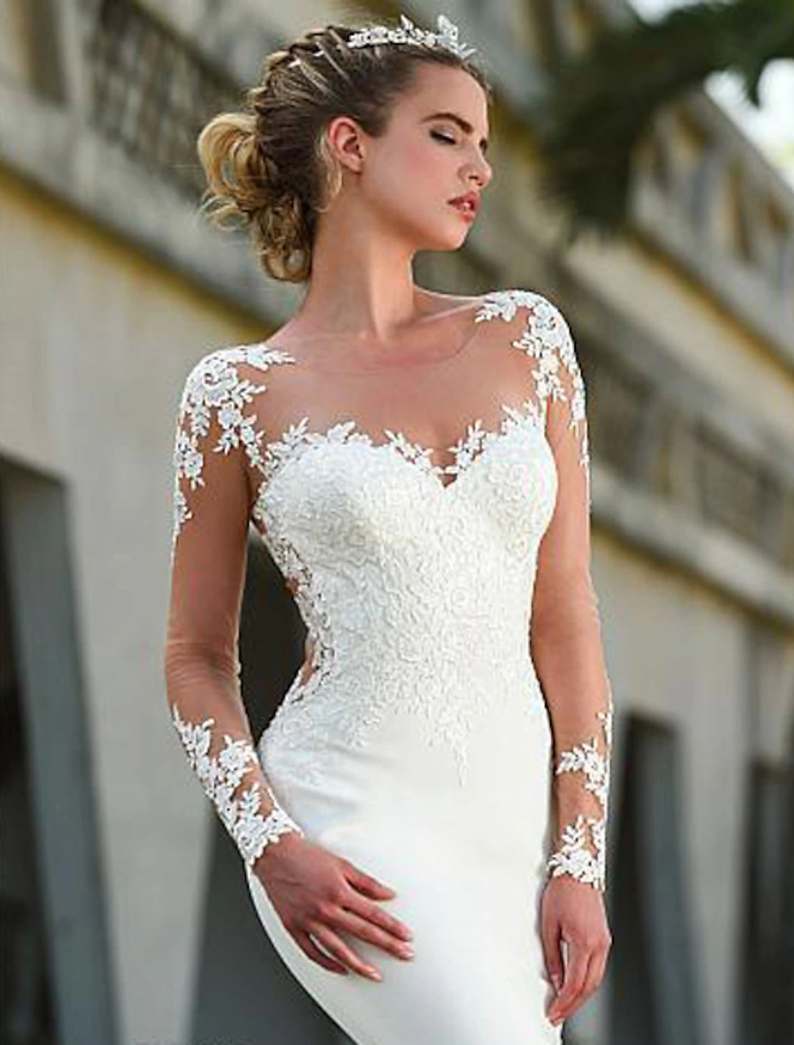 wholesale  Engagement Open Back Formal Fall Wedding Dresses Mermaid / Trumpet Illusion Neck Long Sleeve Court Train Lace Bridal Gowns With Appliques Summer Wedding Party