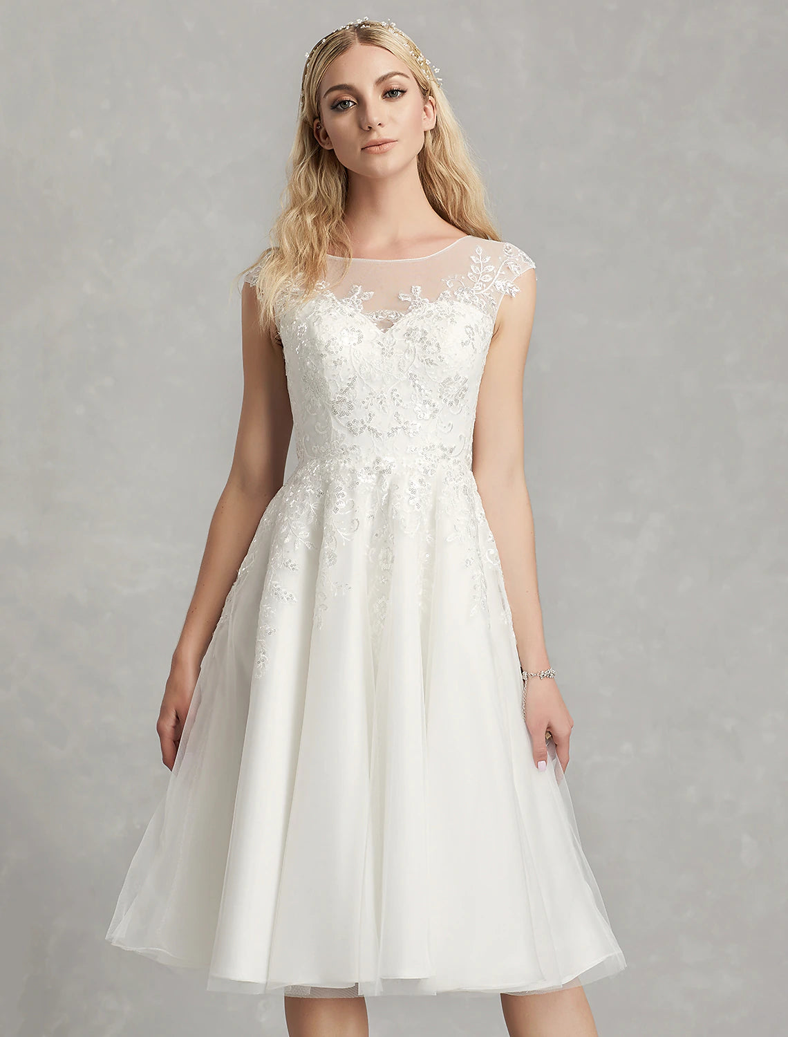 wholesale  Reception Little White Dresses Wedding Dresses A-Line Illusion Neck Cap Sleeve Knee Length Lace Bridal Gowns With Appliques