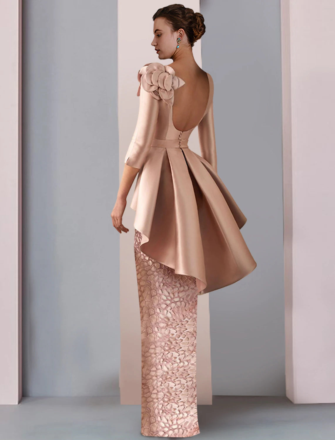 wholesale   Sheath / Column Mother of the Bride Dress Fall Wedding Guest Party Elegant V Neck Floor Length Satin Lace 3/4 Length Sleeve with Appliques Cascading Ruffles Flower