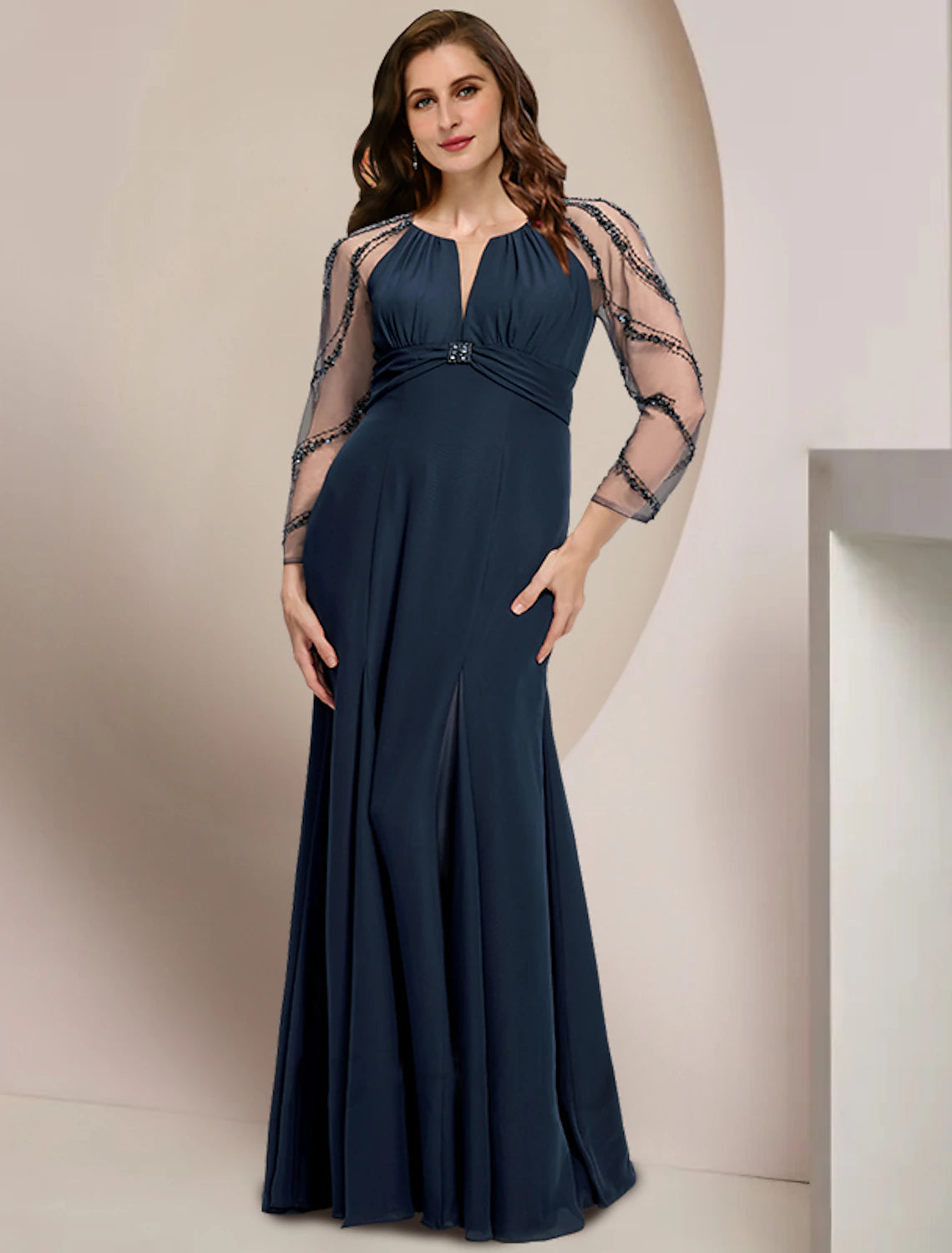 wholesale  Mother of the Bride Dresses Plus Size Curve Hide Belly Wedding Guest Vintage Elegant V Neck Floor Length Chiffon Long Sleeve with Pleats Sequin