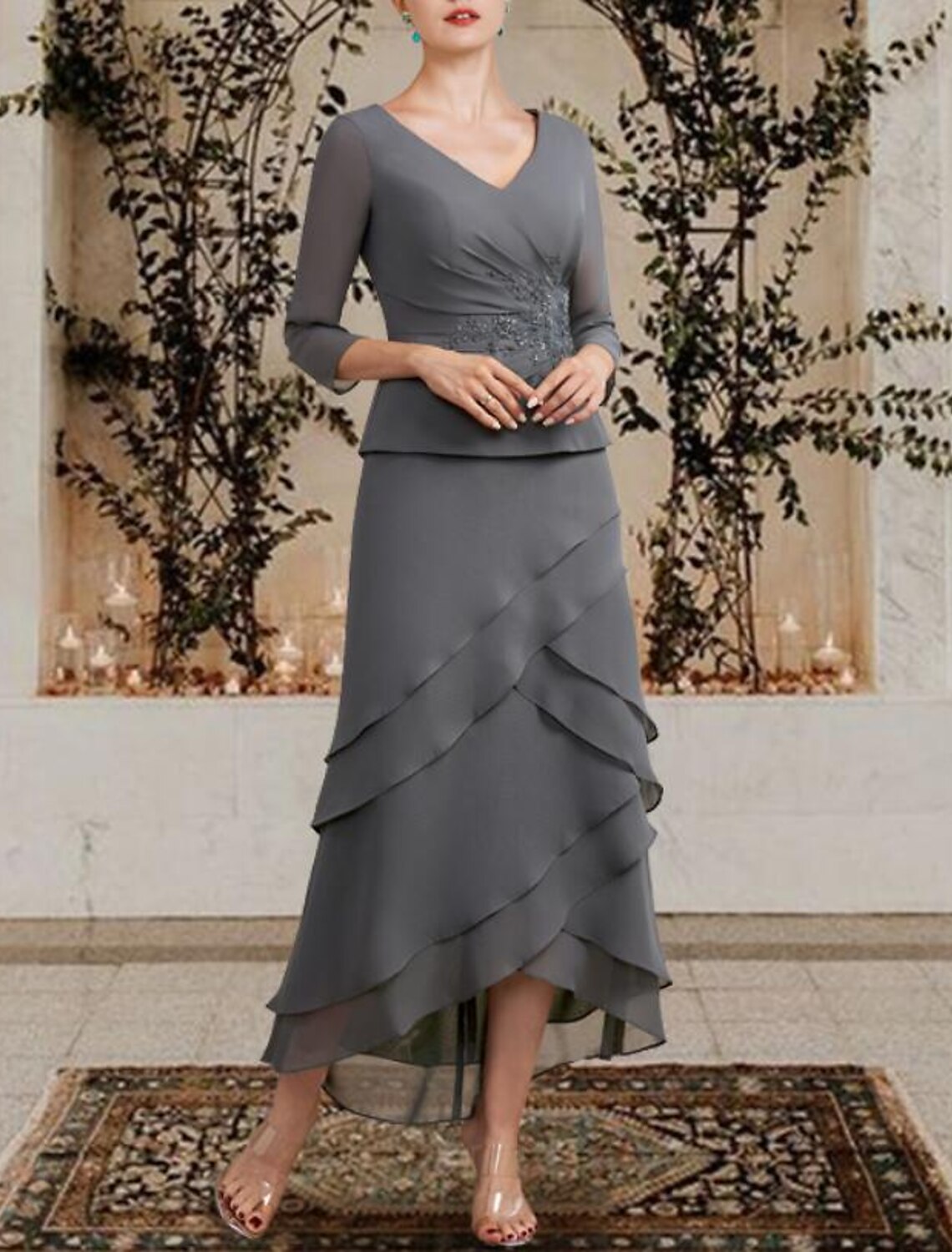 wholesale  A-Line Mother of the Bride Dress Plus Size Elegant High Low V Neck Asymmetrical Tea Length Chiffon 3/4 Length Sleeve with Appliques Cascading Ruffles Side-Draped
