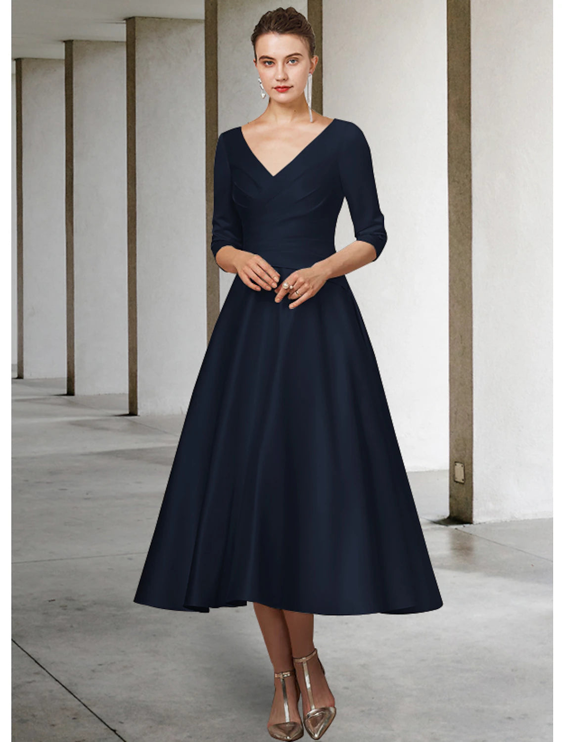 wholesale  A-Line Mother of the Bride Dress Elegant V Neck Tea Length Satin Half Sleeve with Pleats Ruching