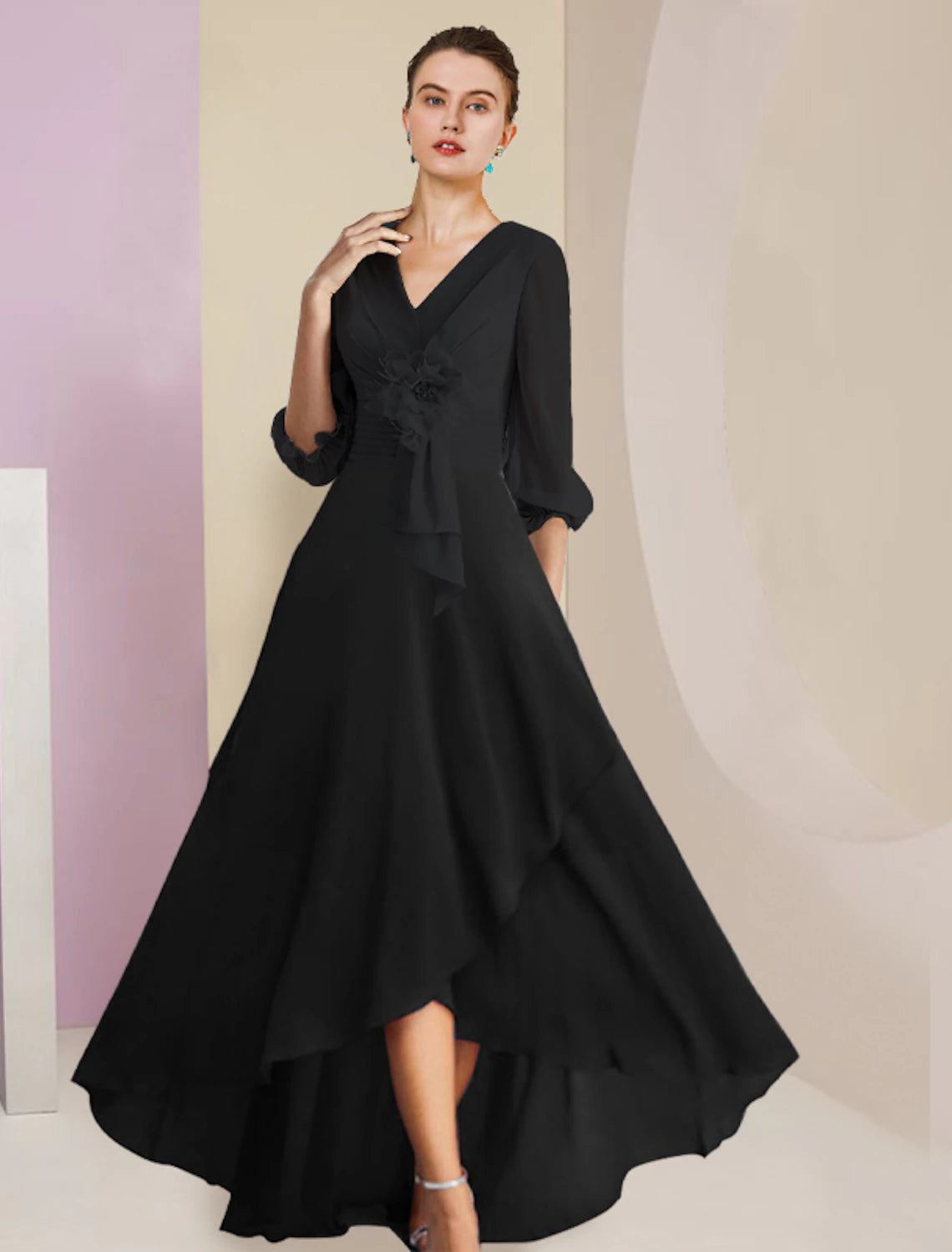 wholesale  A-Line Mother of the Bride Dress Formal Wedding Guest Vintage Elegant V Neck Asymmetrical Ankle Length Chiffon 3/4 Length Sleeve with Flower