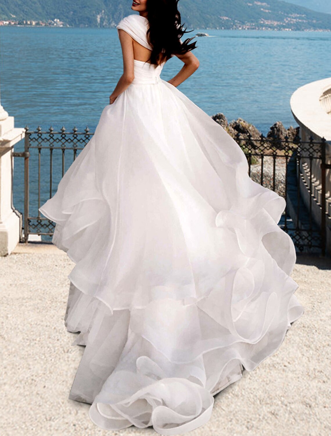 Wholesa  Beach Vintage Wedding Dresses A-Line Off Shoulder Cap Sleeve Court Train Organza Bridal Gowns With Pleats Ruched