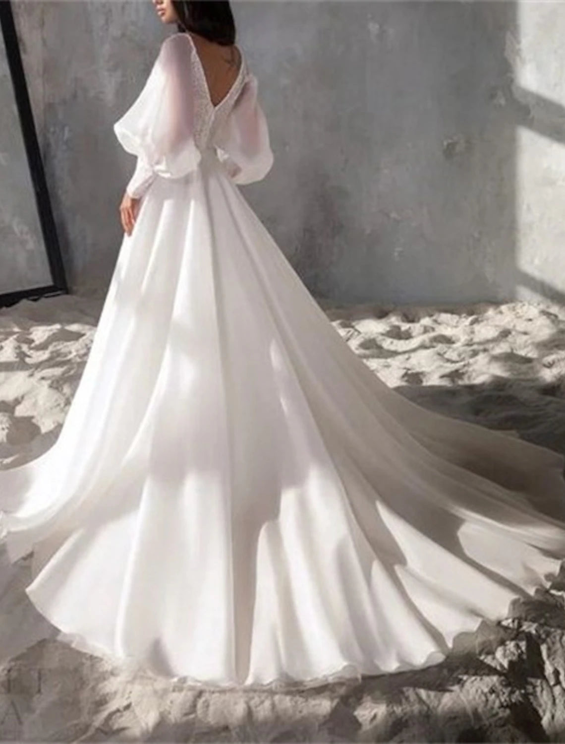 Wholesa Sparkle & Shine Formal Wedding Dresses A-Line V Neck Long Sleeve Chapel Train Organza Bridal Gowns With Split Front