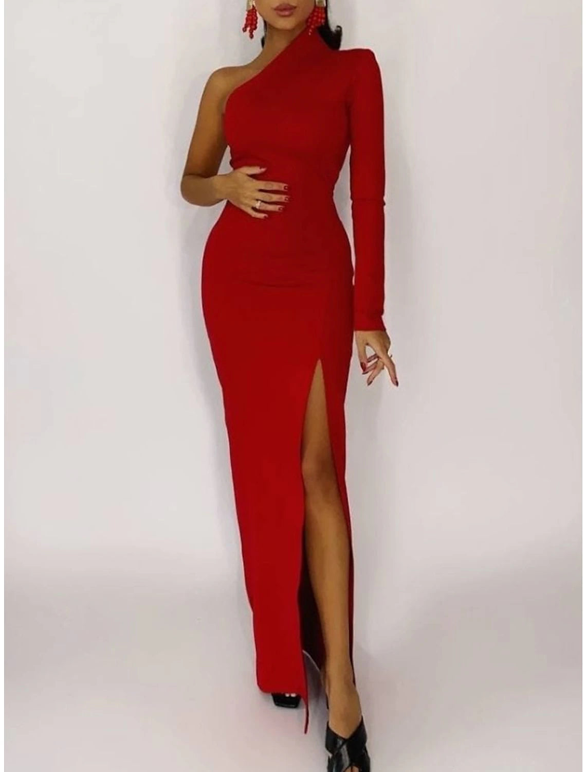 wholesale  Mermaid / Trumpet Evening Gown Minimalist Dress Formal Evening Sweep / Brush Train Long Sleeve One Shoulder Fall Wedding Guest Stretch Fabric with Slit Pure Color