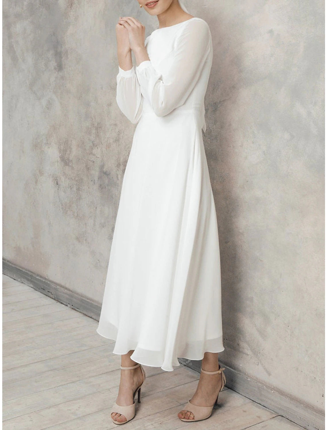 Wholesa A-Line Cocktail Dresses Little White Dresses Dress Wedding Reception Tea Length Long Sleeve Jewel Neck Fall Wedding Guest Cotton V Back with Ruffles Pure Color