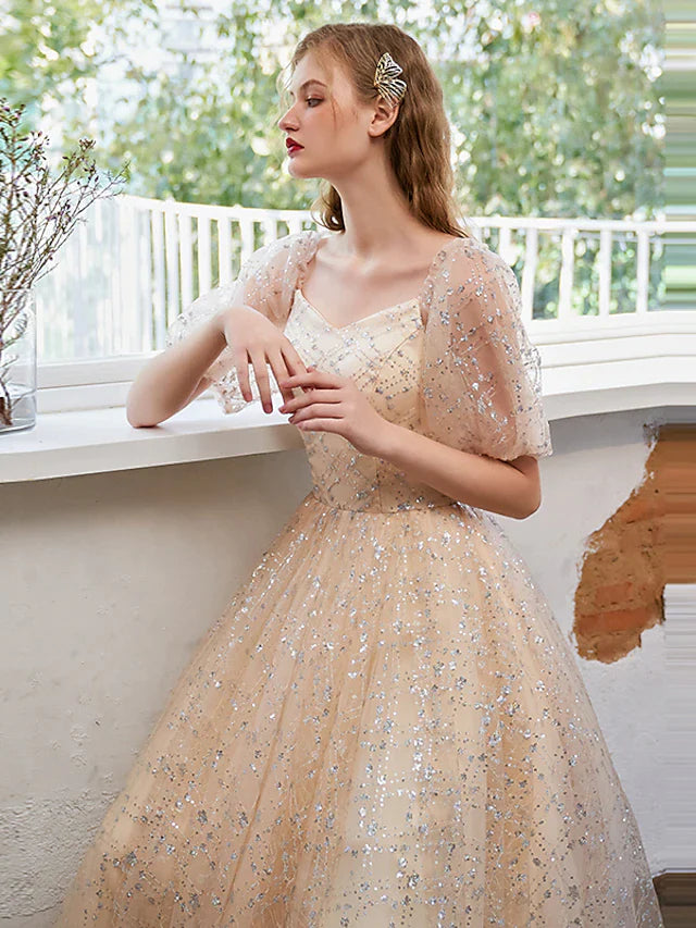 Wholesa A-Line Glittering Elegant Prom Formal Evening Dress Scoop Neck Short Sleeve Floor Length Tulle with Pleats Sequin 2022 / Puff Balloon Sleeve