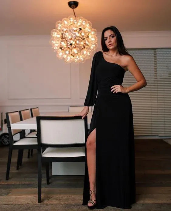 One‑Shoulder Black‑Crepe Single‑Puff‑Sleeve Ruched‑Waist High‑Slit Floor‑Length Prom Dress