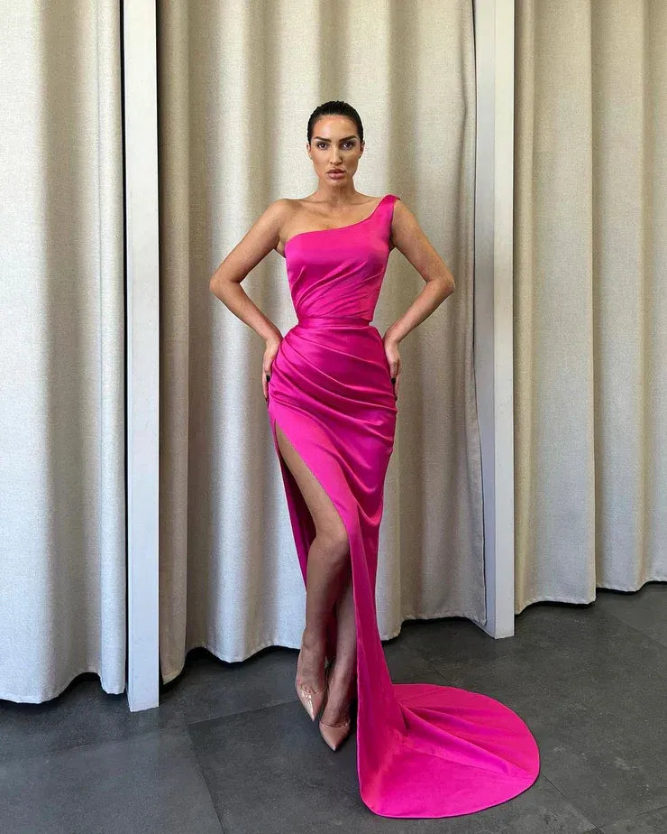 One‑Shoulder Fuchsia Satin Ruched Mermaid Prom Dress