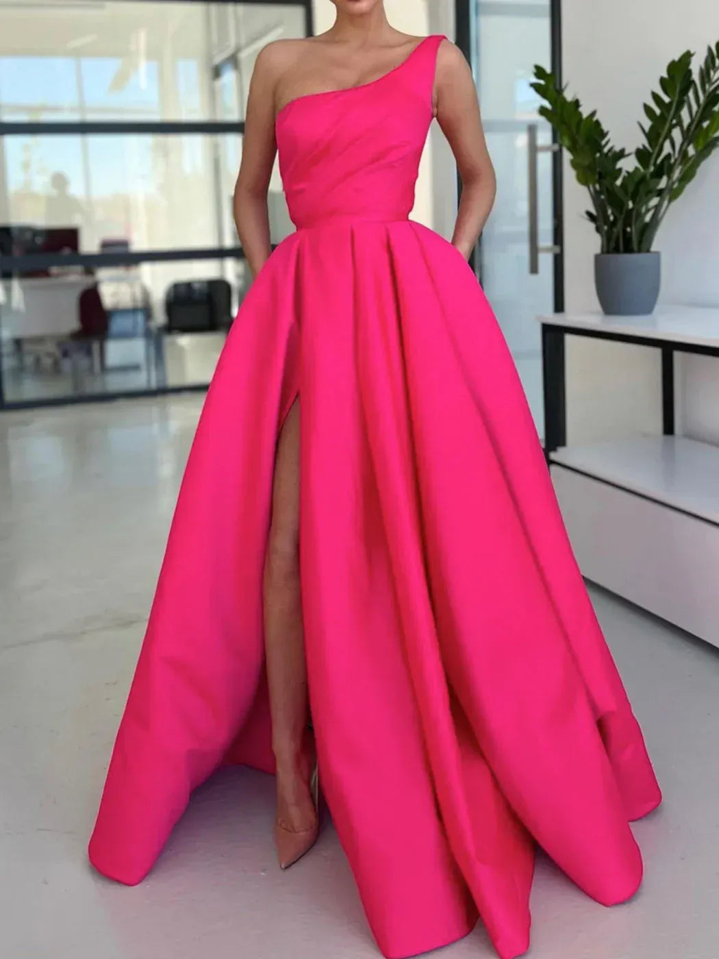 One‑Shoulder Hot‑Pink Satin A‑Line High‑Slit Prom Dress
