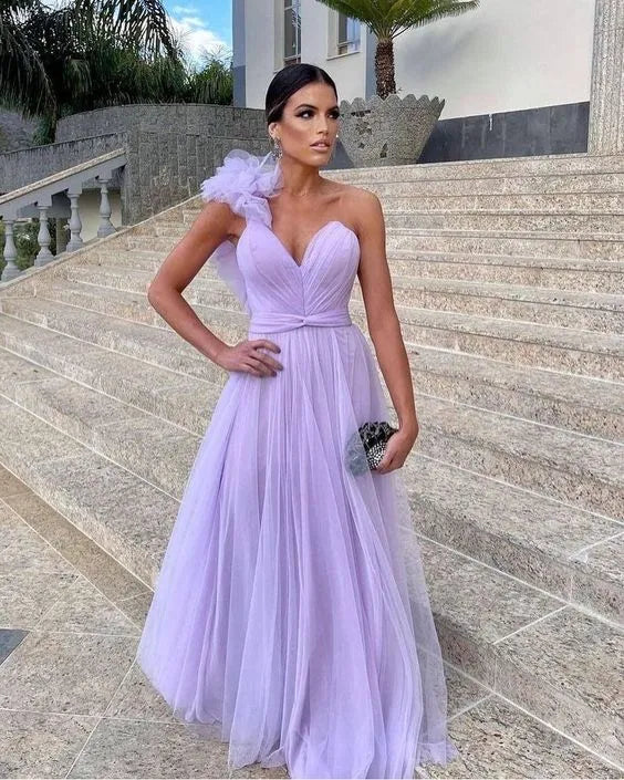One‑Shoulder Lavender‑Tulle Ruffle‑Accent A‑Line Prom Dress