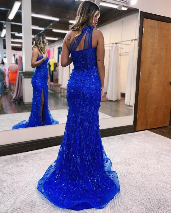 One‑Shoulder Royal‑Blue 3D‑Floral Sequin High‑Slit Mermaid Prom Dress