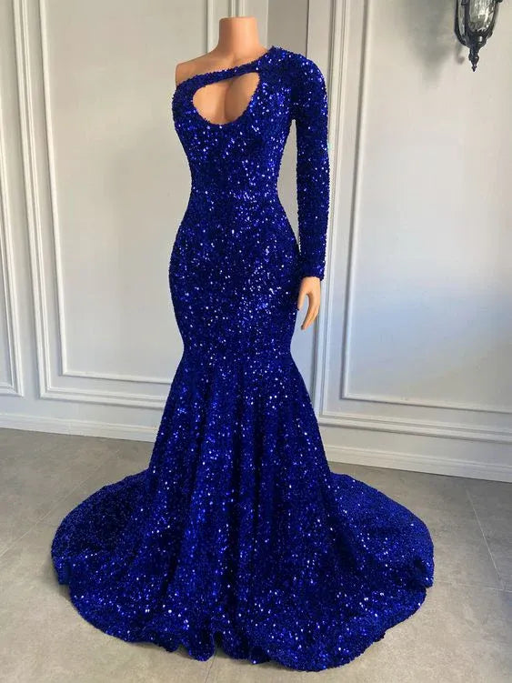 One‑Shoulder Royal Blue Sequin Mermaid Prom Dress