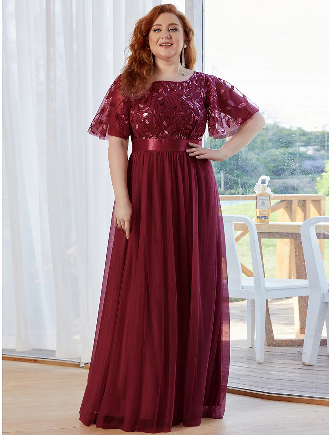 Wholesa A-Line Prom Dresses Vintage Dress Prom Floor Length Short Sleeve Jewel Neck Tulle with Sequin Ruffles Appliques