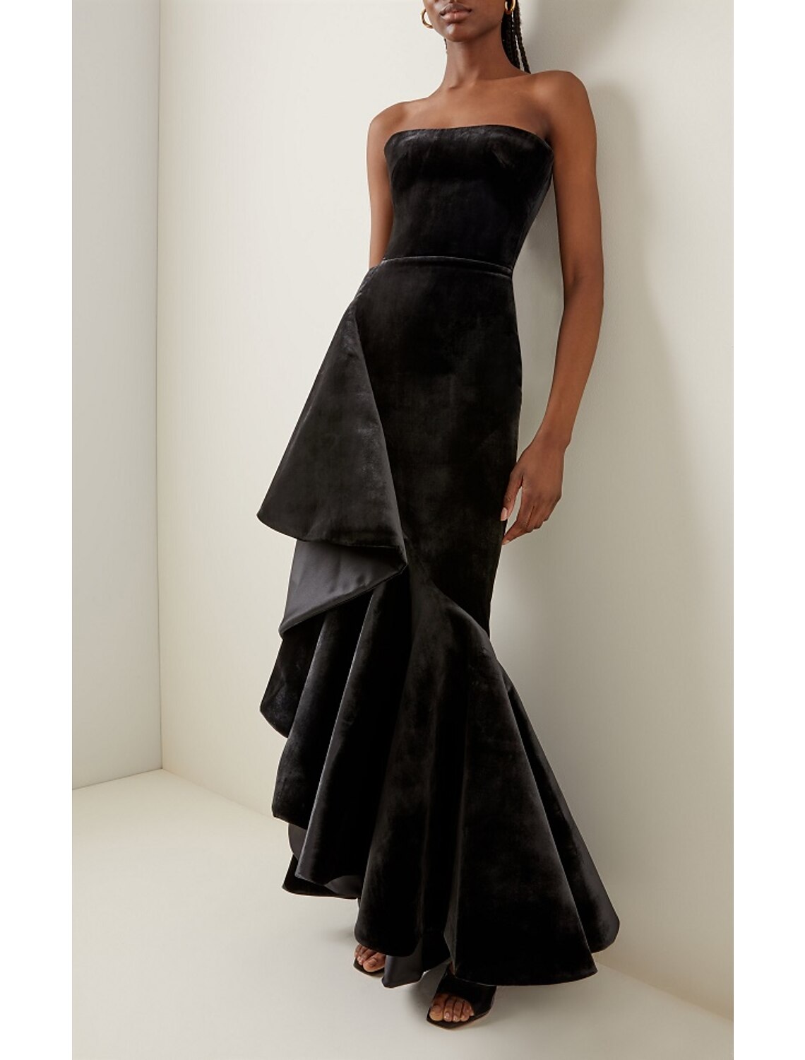 wholesale  Mermaid / Trumpet Prom Dresses Little Black Dress Dress Prom Formal Evening Floor Length Sleeveless Strapless Velvet with Ruffles Pure Color