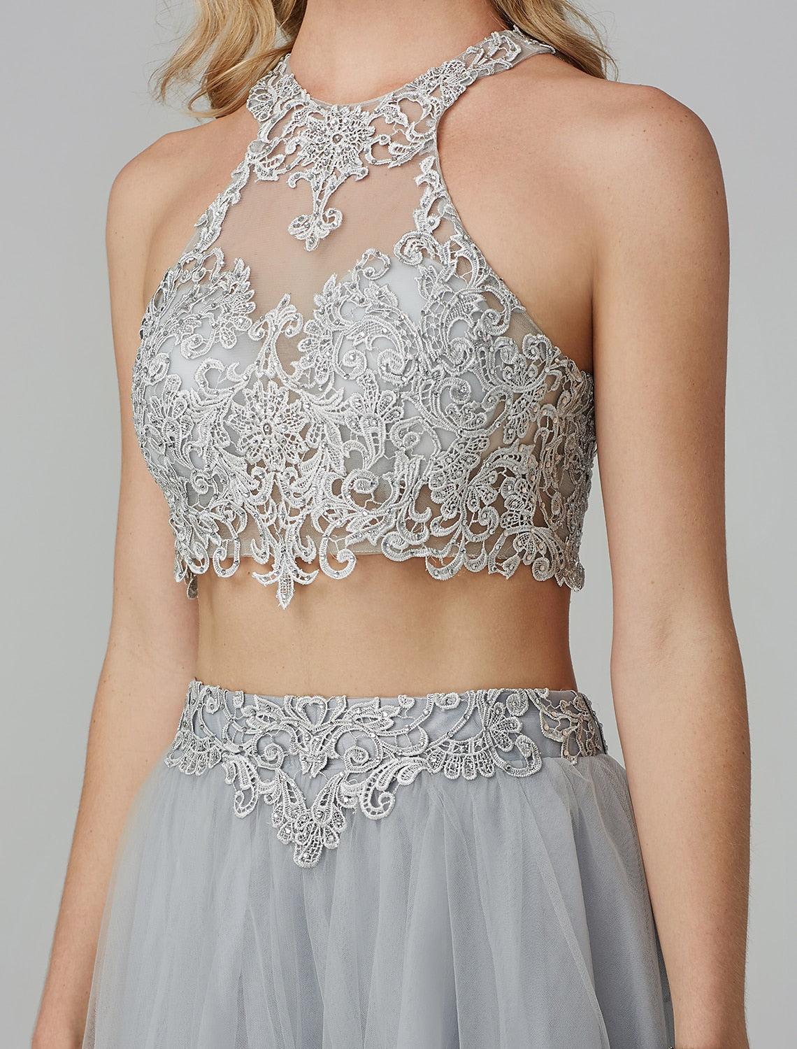 wholesa Two Piece Empire Prom Formal Evening Dress Halter Neck Sleeveless Floor Length Lace with Appliques