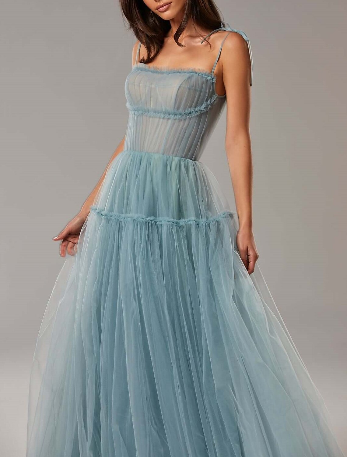 wholesale  A-Line Prom Party Dress Elegant Dress Wedding Guest Prom Floor Length Sleeveless Spaghetti Strap Tulle with Pleats Ruffles
