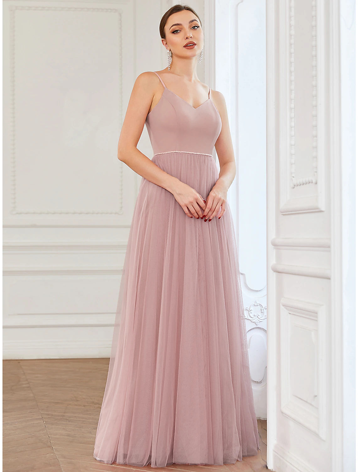 Wholesa A-Line Prom Dresses Vintage Dress Wedding Guest Prom Floor Length Sleeveless V Neck Bridesmaid Dress Tulle V Back with Pleats Draping
