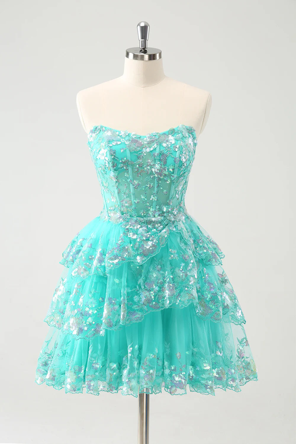 Wholesa A-Line Sequined Tiered Strapless Short Prom Dress Homecoming Dresses